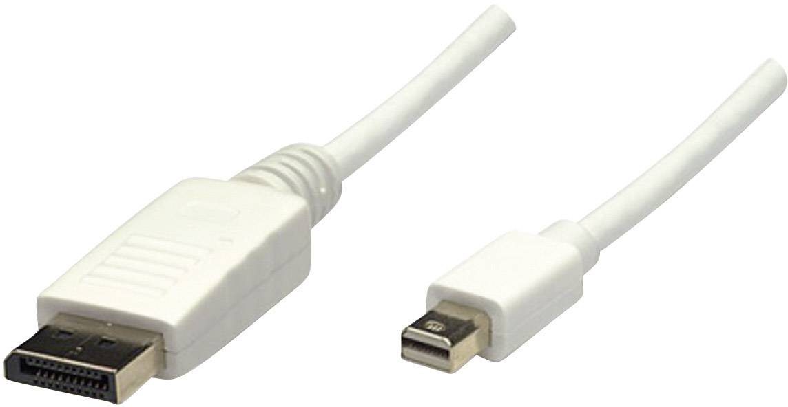 Weißes DisplayPort-zu-Mini-DisplayPort-Kabel, zeigt beide Anschlüsse; verwendet für Video- und Audioverbindungen zwischen Geräten.