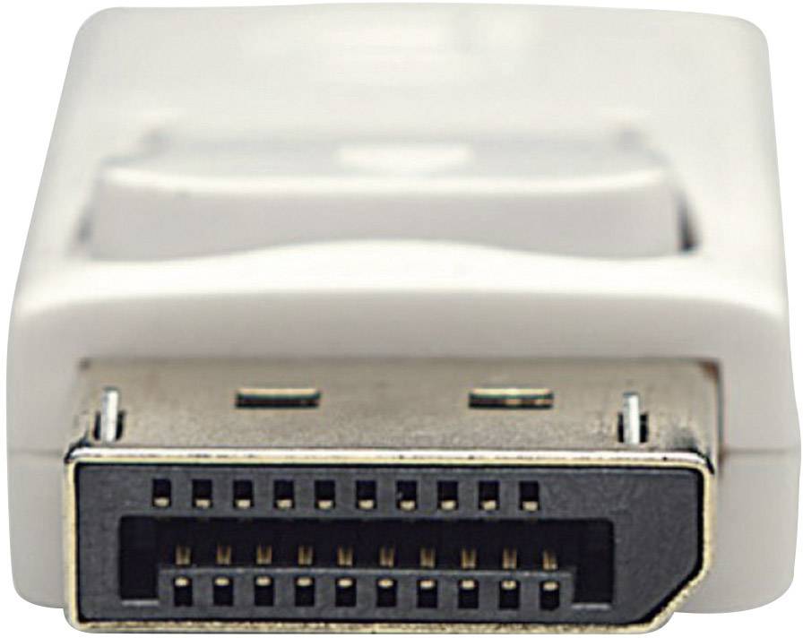 Nahaufnahme eines DisplayPort-Steckers. Deutliche Sicht auf die Kontaktleisten und die rechteckige Form.