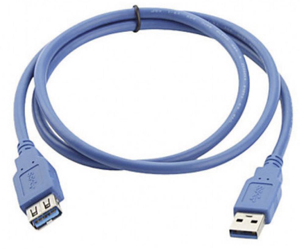 Ein blaues USB 3.0 Verlängerungskabel mit einem USB-A-Stecker und einer USB-A-Buchse, zeigt Kompatibilität mit Hochgeschwindigkeits-Übertragungen.