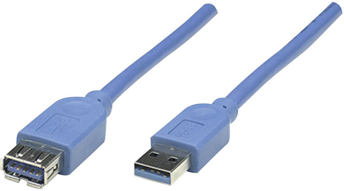 Ein blaues USB-Kabel mit USB-A-Stecker und USB-Buchse auf weißem Hintergrund.
