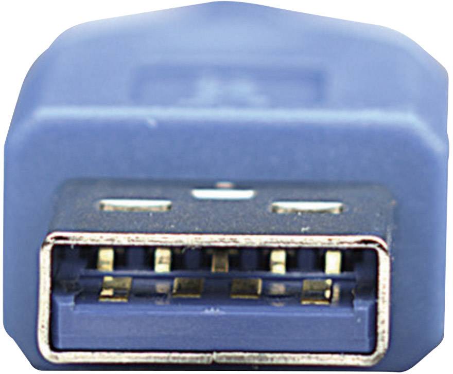 Nahaufnahme eines blauen USB-Steckers, der die Metallkontakte und den Kunststoffrahmen zeigt.