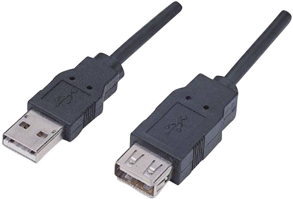 Zwei schwarze USB-Kabel, eines mit einem USB-A-Stecker und das andere mit einer USB-A-Buchse, liegen nebeneinander.