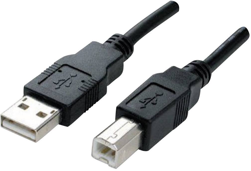 Zwei schwarze USB-Kabel, eines mit einem flachen Standard-Anschluss und das andere mit einem quadratischen B-Anschluss.