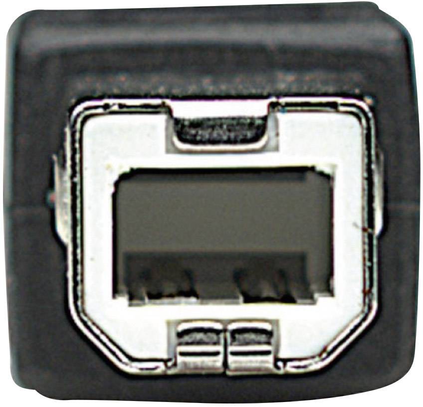 Ein USB-B-Stecker mit rechteckigem, abgeschrägtem Design. Geeignet für Anschluss an Drucker oder andere Geräte.