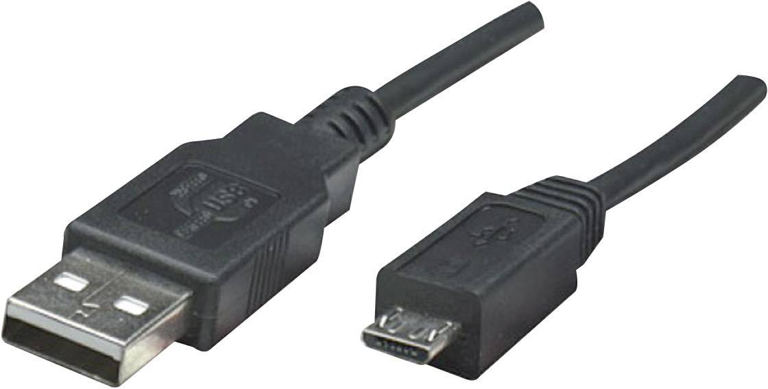 Ein schwarzes USB-zu-Micro-USB-Kabel auf weißem Hintergrund. Links der USB-Stecker, rechts der Micro-USB-Stecker.
