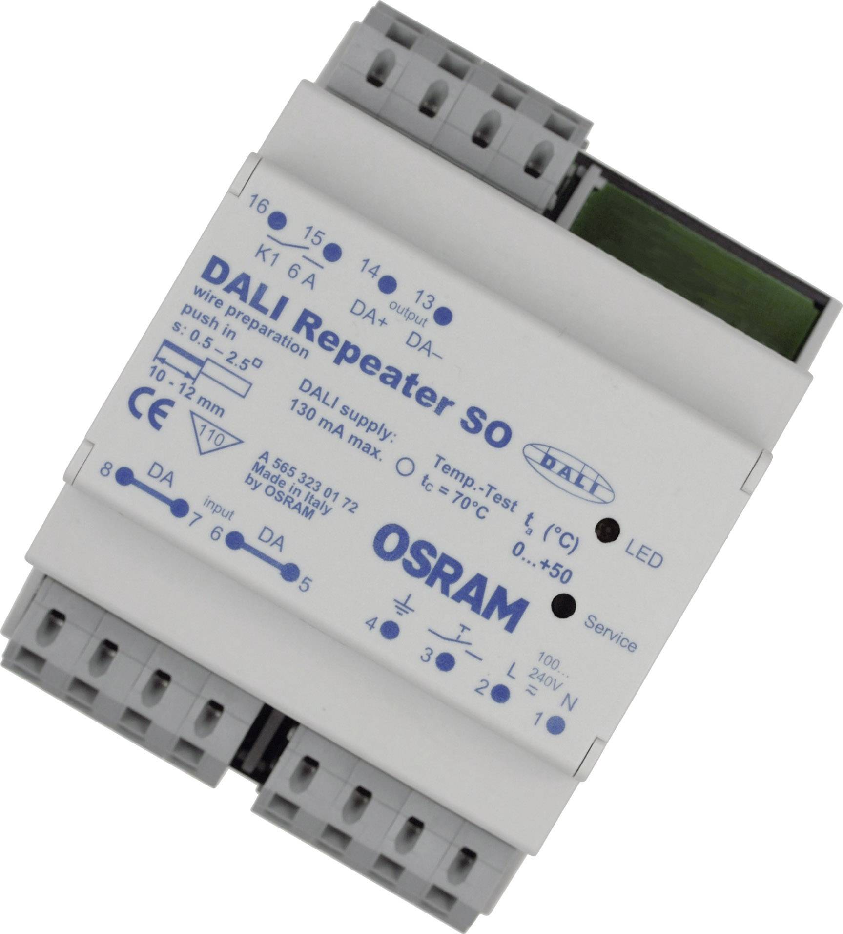 'DALI Repeater SO' von OSRAM, ein elektronisches Gerät zur Verstärkung von DALI-Signalen, mit Anschlussklemmen und Betriebsanzeigen.