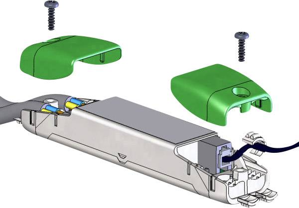 Illustration einer elektrischen Verbindungseinheit mit abnehmbaren grünen Abdeckungen und Anschlüssen, die mit Schrauben befestigt werden.