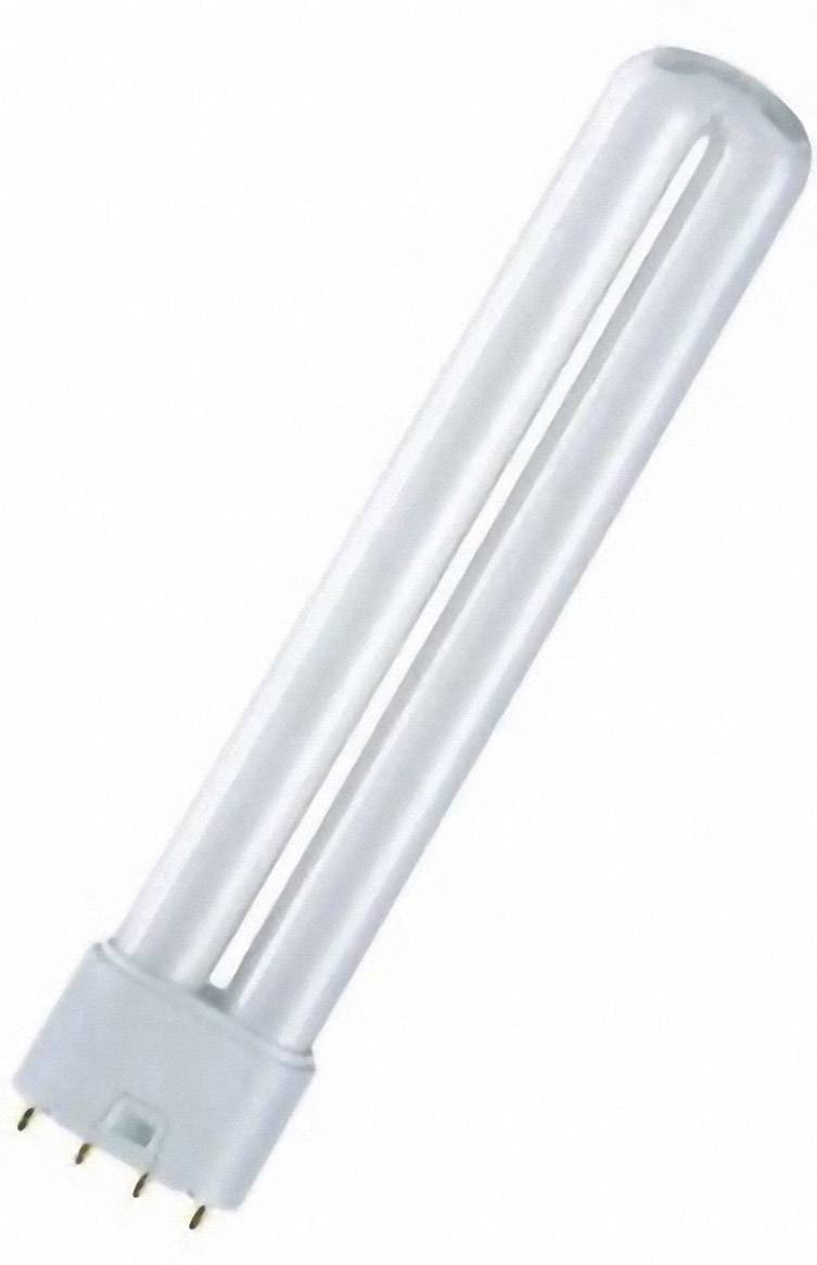 Energiesparlampe mit vier Stiften am Sockel. Sie ist lang und schlank, typisch für kompakte Leuchtstofflampen. Geeignet für effiziente Beleuchtung.