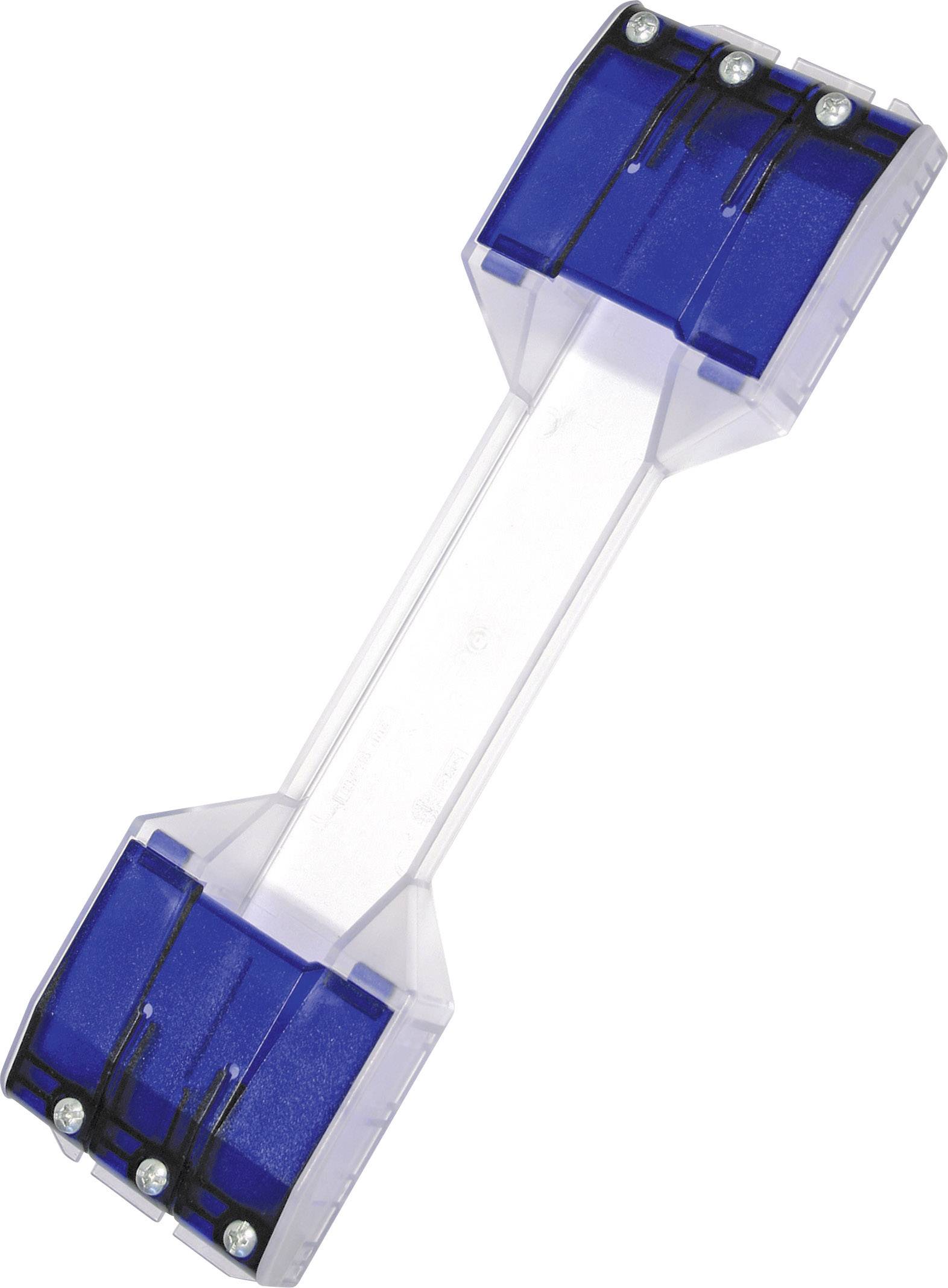 Ein blauer, rechteckiger Stecker mit transparentem Mittelteil und vier Schraubklemmen an den Enden zur Verbindung von Kabeln.