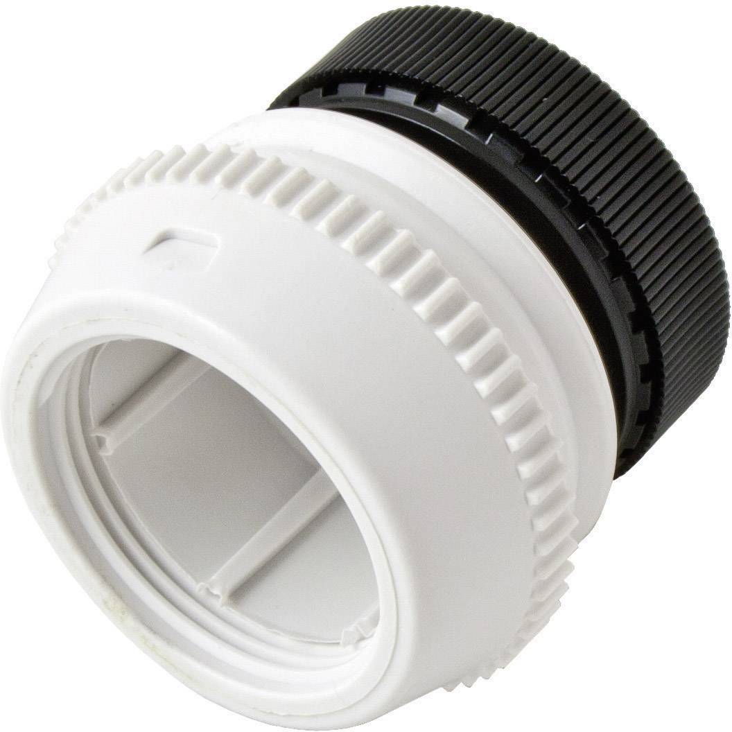Ein weißer, zylinderförmiger Adapter mit jeweils einem geriffelten Rand aus schwarzem Plastik oben. Verwendbar für verschiedene Verbindungen.