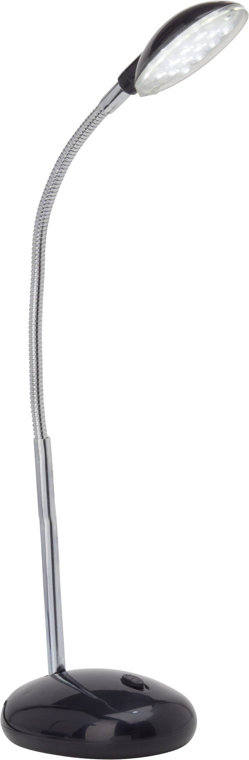 Eine schwarze Tischleuchte mit flexiblem Schwanenhals, die eine Reihe von LEDs im Lampenkopf zeigt. Ideal für fokussiertes Licht.