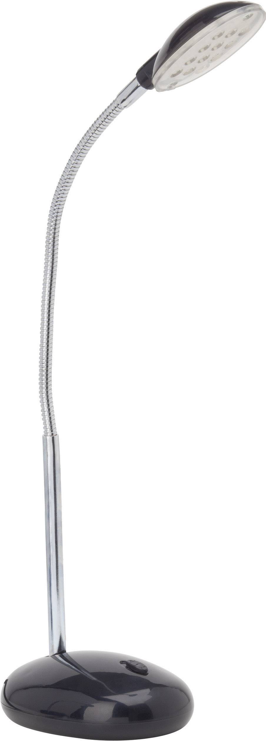 Eine flexible LED-Schreibtischlampe mit schwarzem Sockel und silbernem, biegsamem Hals, ideal zum Lesen oder Arbeiten.