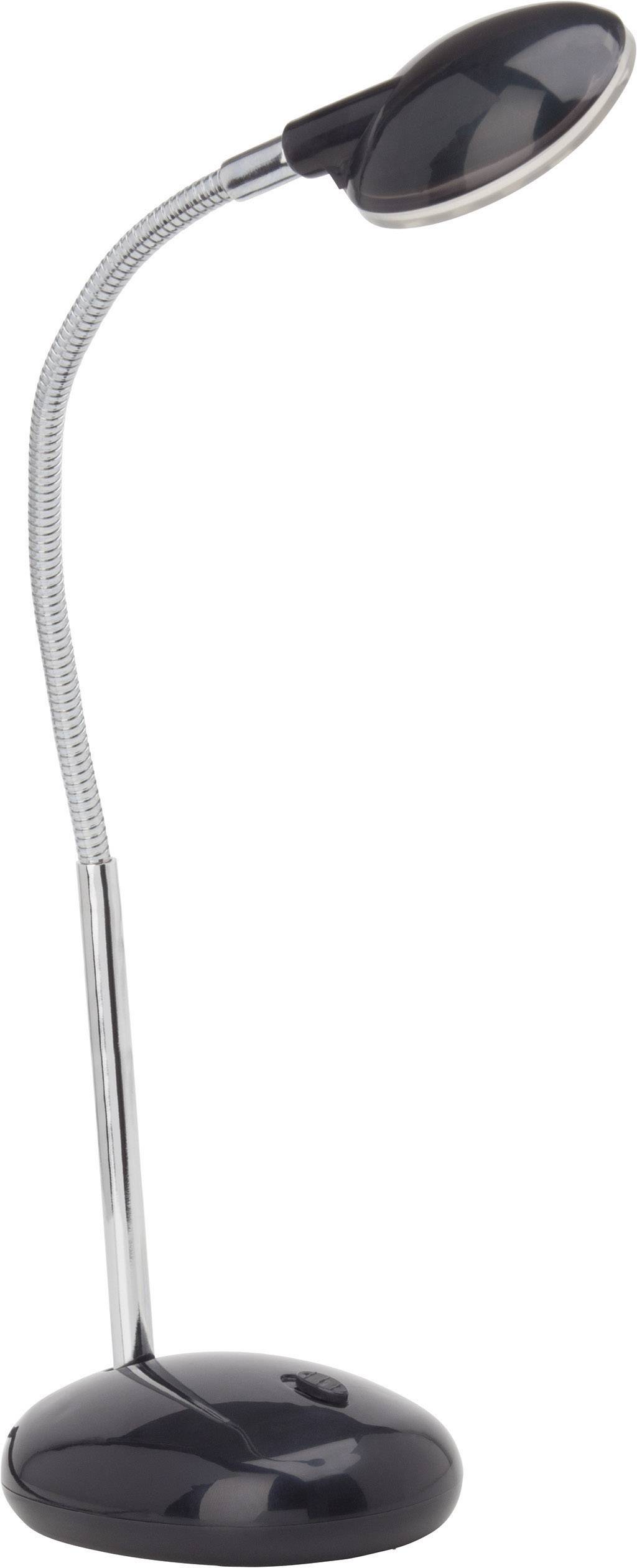 Schwarze, flexible LED-Schreibtischlampe mit gebogenem Hals und stabilem runden Sockel. Ideal für gezielte Beleuchtung auf Arbeitsflächen.
