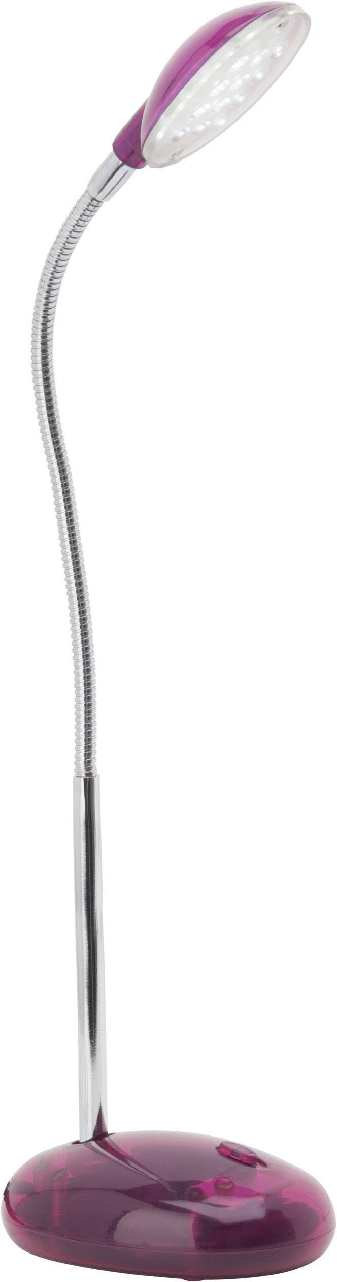 Eine pinkfarbene, flexible LED-Schreibtischlampe mit rundem Sockel und verstellbarem Hals. Ideal für gezielte Beleuchtung am Arbeitsplatz.