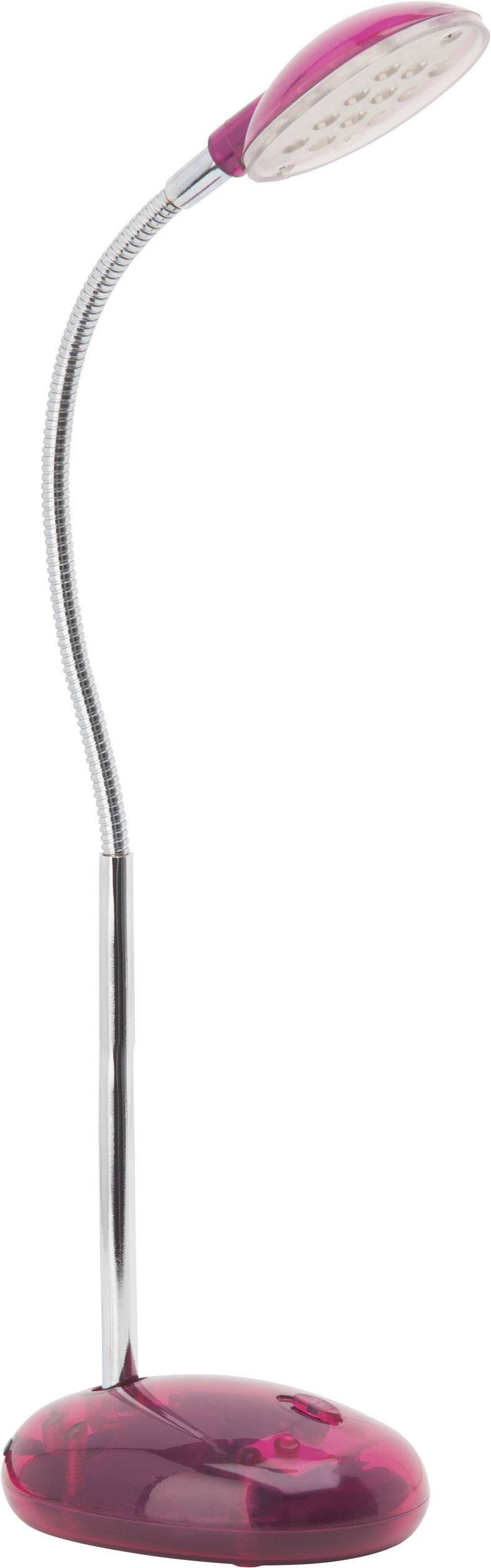 Eine moderne, flexible LED-Schreibtischlampe mit pinkfarbenem Sockel und Kopf, geeignet für fokussiertes Arbeitslicht.