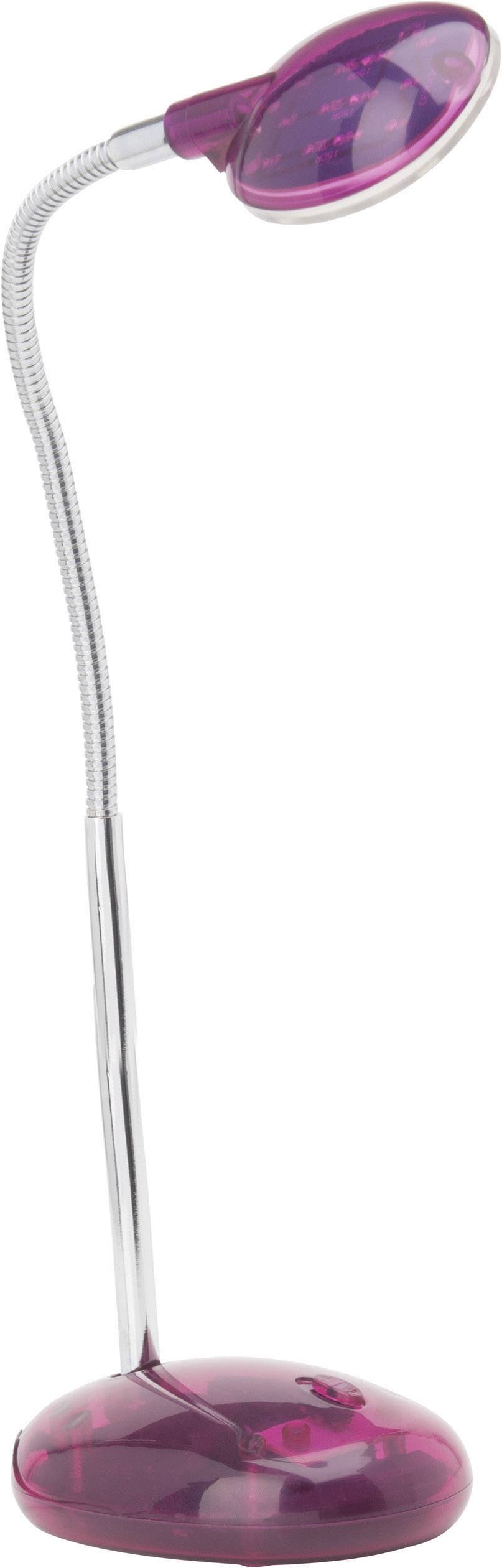 Lila Schreibtischlampe mit flexiblem Hals und rundem Sockel, abgeschaltet.