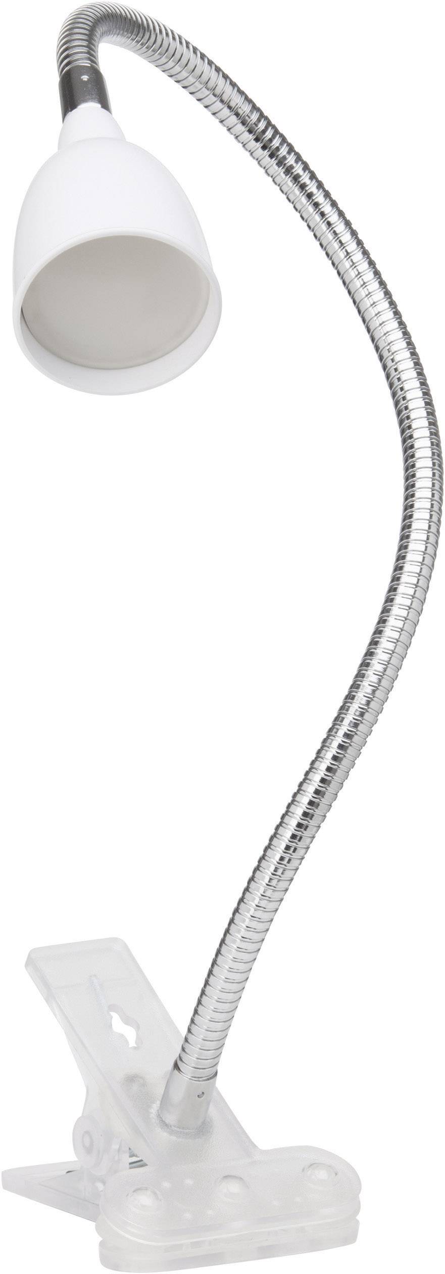 Eine flexible Schreibtischlampe mit Metallschlauch und weißem Lampenschirm, montiert auf einem transparenten Kunststoffclip.
