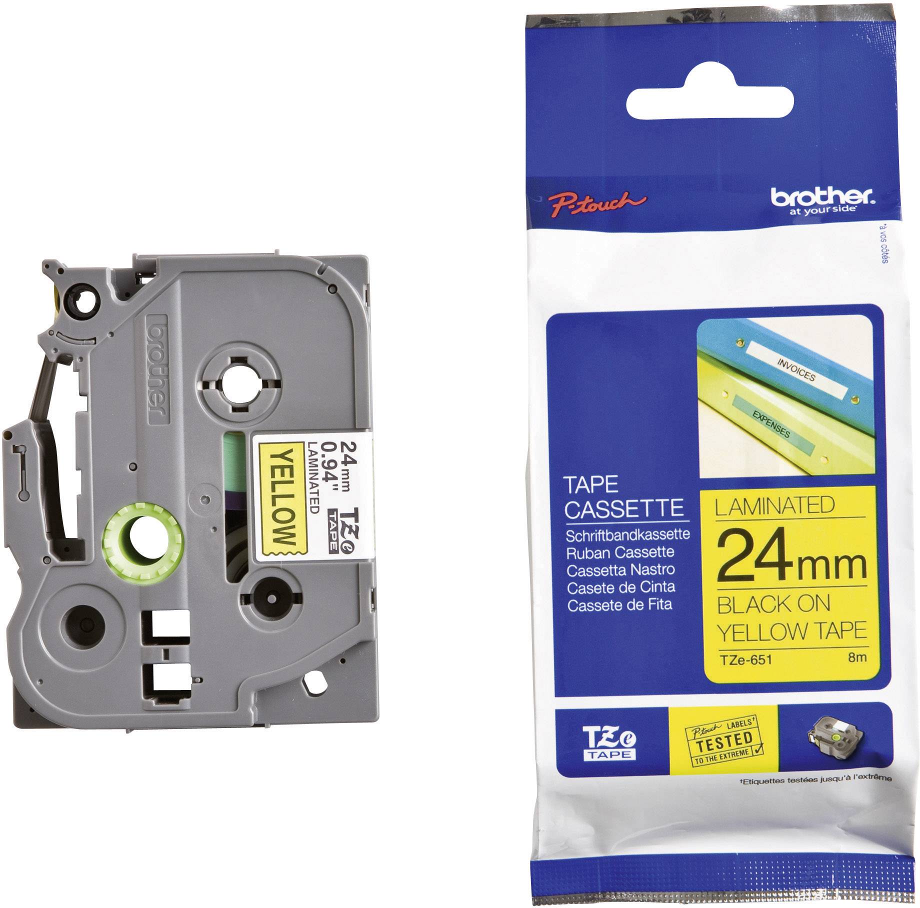 Eine Brother-Beschriftungskassette mit laminierter gelber 24mm Band und schwarzer Schrift. Verpackung zeigt Verwendung und Details.