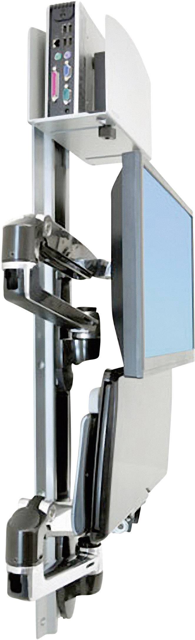 Ein Computer-Monitor ist auf einem verstellbaren Arm montiert, der an einer vertikalen Schiene befestigt ist. Im Hintergrund sind technische Anschlüsse sichtbar.