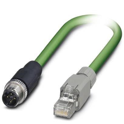Ein grünes Ethernet-Kabel mit einem M12-Stecker auf der einen und einem RJ45-Stecker auf der anderen Seite für industrielle Netzwerke.