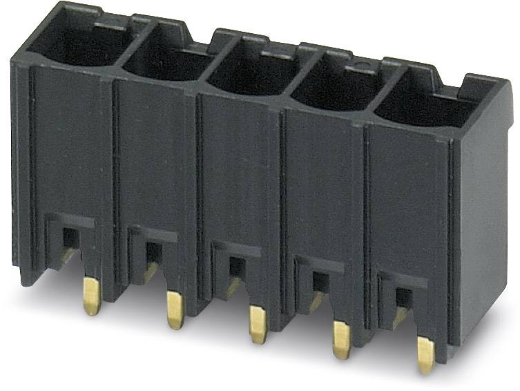 Ein schwarzer fünffacher Stiftleistenstecker mit goldfarbenen Kontakten, verwendet für elektrische Verbindungen auf Leiterplatten.