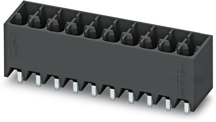 Elektrischer Steckverbinder, schwarz, rechteckig, mit zehn Einlässen oben und zehn Metallpins unten.