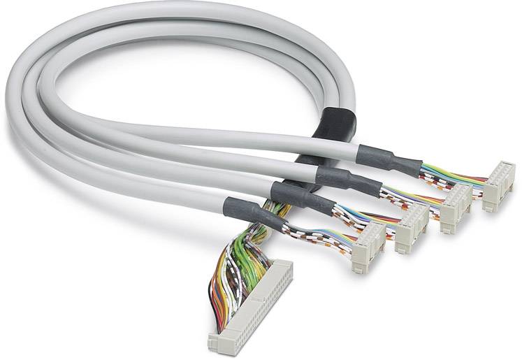 Grau-umwickeltes Kabelbündel mit mehreren Steckverbindern und farbigen Drähten, geeignet für elektronische Anschlüsse.