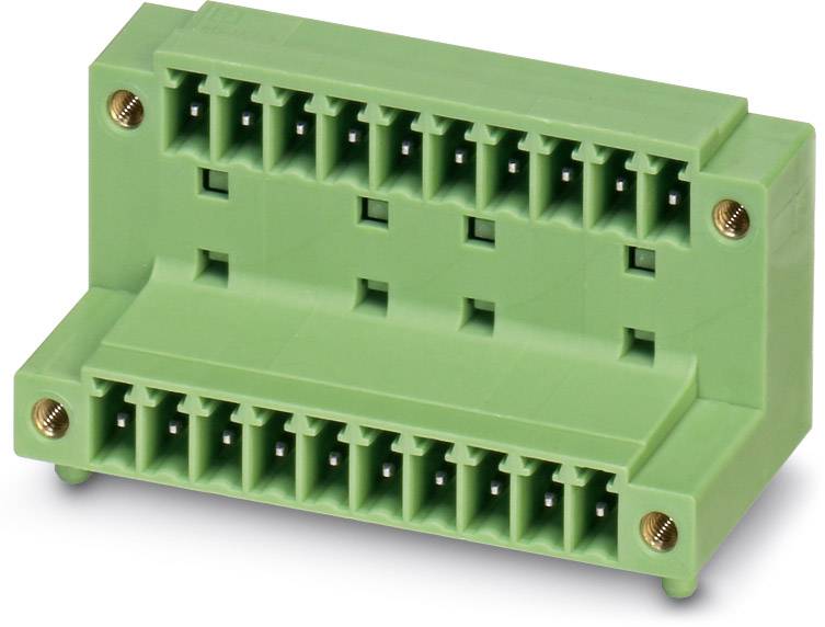 Grüner Steckverbinder mit mehreren Anschlüssen in zwei Reihen, geeignet für elektrische Verkabelungen oder elektronische Geräte.