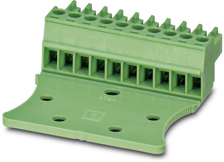 Grüner Steckverbinder mit mehreren Anschlussklemmen, geeignet für elektrische Verkabelungen.