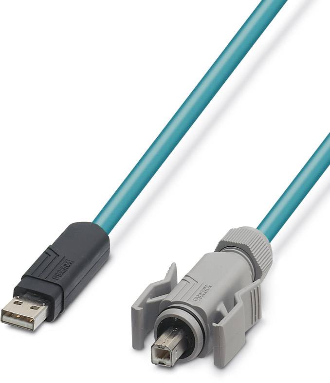 USB-Kabel mit zwei verschiedenen Steckverbindern: links ein Standard-USB-Stecker, rechts ein spezialisierter grauer Stecker.
