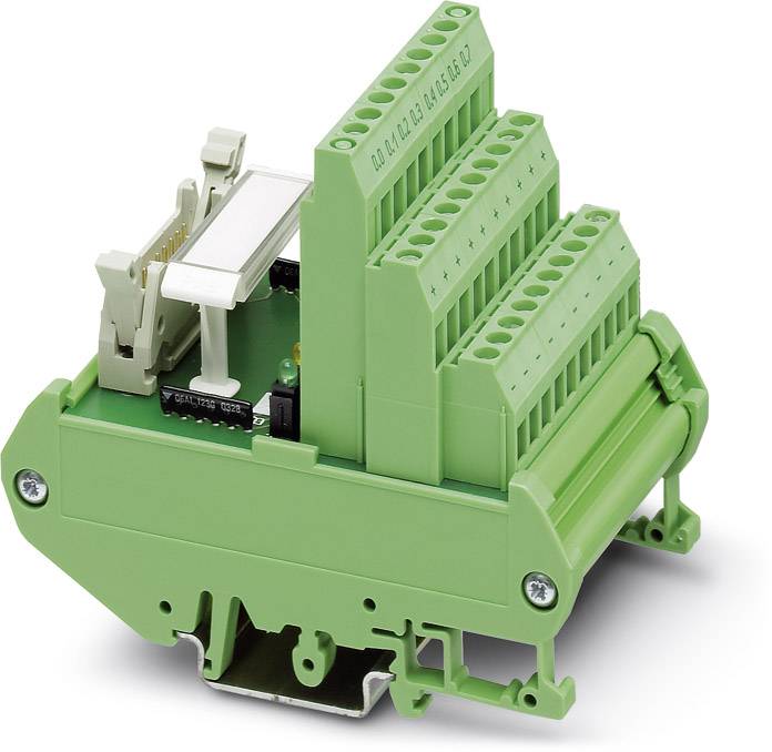 Grüne Steckmodul-Anschlusseinheit mit mehreren Klemmen und Rückwandmontage für elektrische Schaltschränke.