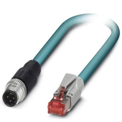 Ein Kabel mit einem M12-Verbinder auf der einen und einem RJ45-Stecker auf der anderen Seite, oft verwendet für Industrieanwendungen.