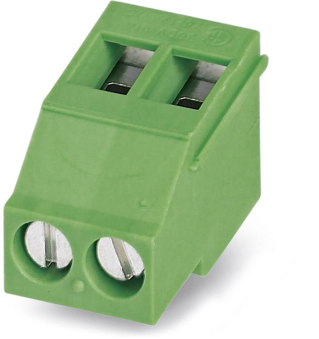 Grüner zweipoliger Steckverbinder mit öffnungen vorne, für elektrische Verbindungen in Geräten oder Schaltkästen.