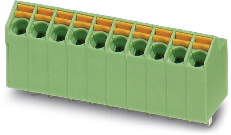 Grüner Steckverbinder mit acht orangefarbenen Federklemmen, geeignet für Elektrokabel und industrielle Anwendungen.