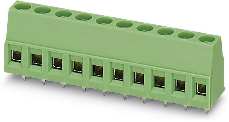 Grüner elektrischer Steckverbinder mit acht Anschlüssen und Stiften, die aus der Unterseite herausragen, auf weißem Hintergrund.
