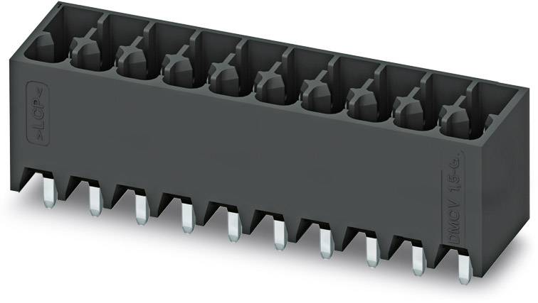 Schwarze, rechteckige elektronische Steckverbindung mit zehn metallischen Pins unten und zehn Steckplätzen oben, genutzt für Leiterplatten.
