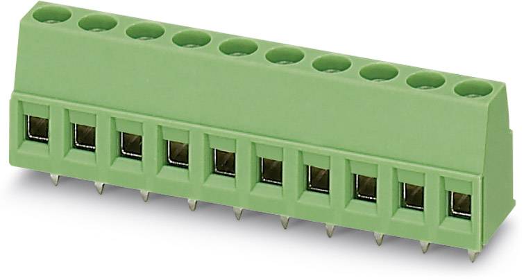 Grüner elektrischer Steckverbinderblock mit zehn Anschlussstellen, typischerweise für Leiterplattenmontage verwendet.