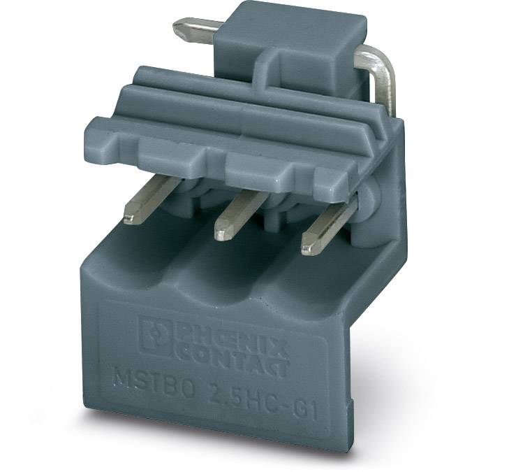 Eine graue Steckverbindung mit vier Metallstiften; auf der Oberseite steht 'PHOENIX CONTACT MSTB0 2,5HC-6I'.