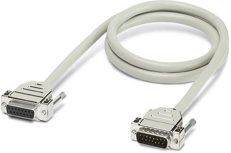 Ein graues, gewundenes RS-232-Datenkabel mit jeweils einem männlichen und weiblichen Stecker an den Enden.