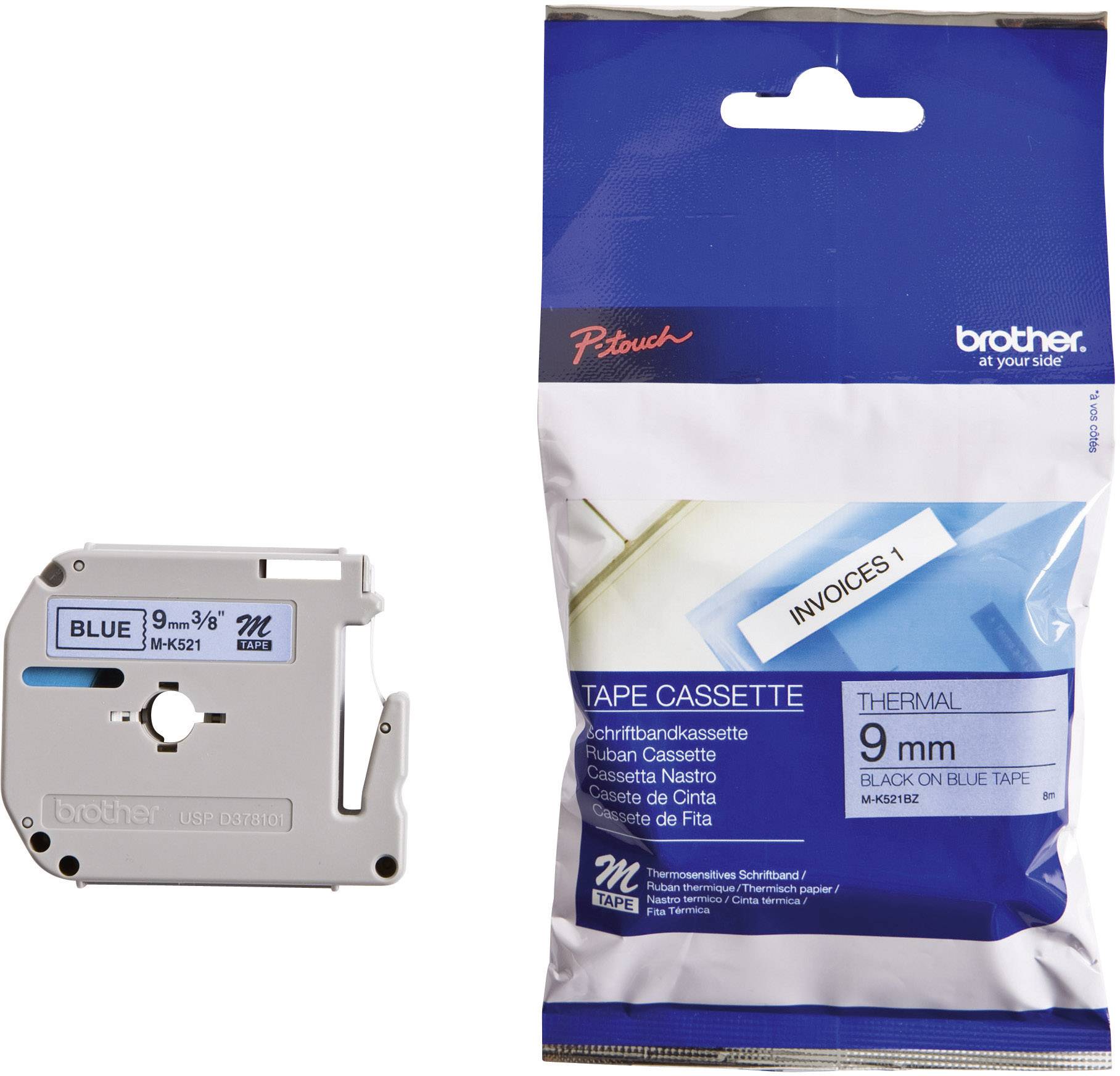 Eine Brother P-touch Schriftbandkassette für 9 mm Etiketten in Blau, geeignet für Beschriftungen. Verpackung zeigt 'INVOICES 1'.