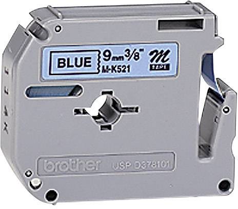 Etikettenbandkassette von Brother, Modell M-K521, 9 mm, blaue Schrift auf durchsichtigem Hintergrund.