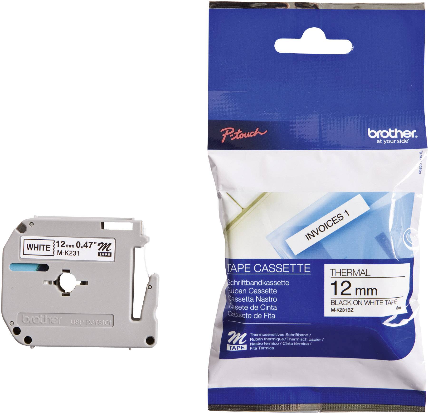 Etikettenkassette und Packung. Text: '12 mm 0.47