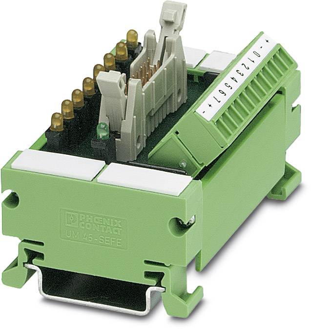Elektronisches Modul mit grünen Anschlüssen und Beschriftung 'Phoenix Contact UM 45-SEFE', für industrielle Anwendungen.