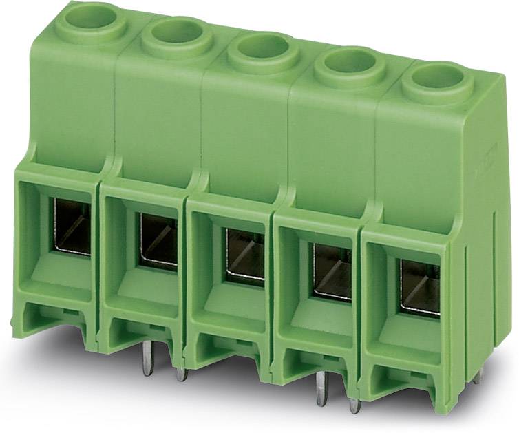 Fünfpoliger, grüner Steckanschluss mit Metallstiften, verwendet für elektrische Verbindungen auf Leiterplatten in elektronischen Geräten.