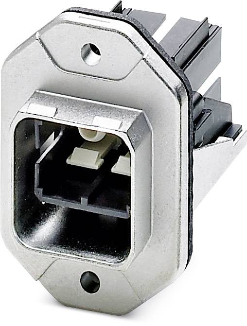 Ein quadratischer Steckverbinder mit Metallrahmen und Kunststoffteilen, geeignet für elektrische oder Datenverbindungen in technischen Anwendungen.