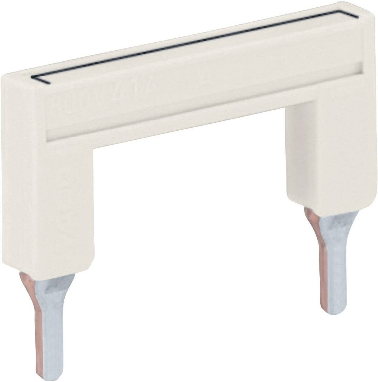 Ein beige Kunststoffbauteil mit zwei Metallkontakten, das als elektrische Brücke oder Steckverbindung dient.