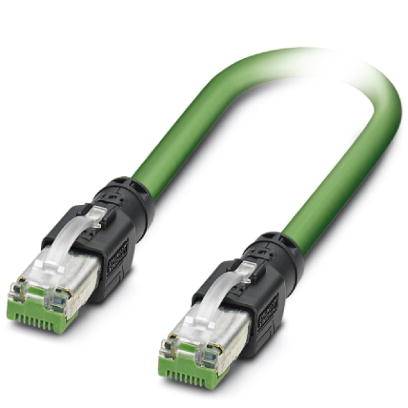 Grünes Ethernet-Kabel mit RJ45-Steckern an beiden Enden, verwendet für Netzwerkverbindungen.