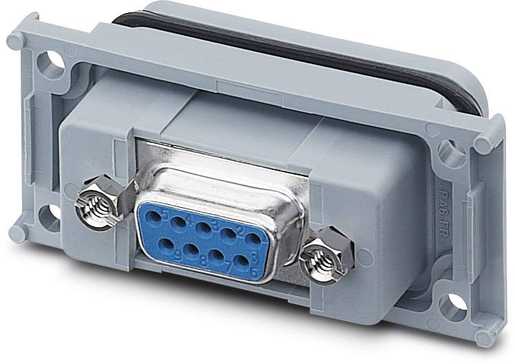 Ein grauer D-Sub-Stecker mit blauen Buchsen und zwei seitlichen Schraubbefestigungen, verwendet für serielle Verbindungen.