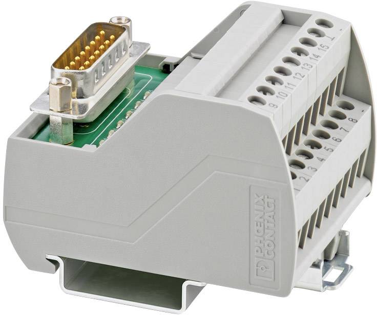 Ein grauer Adapter mit D-Sub-Stecker und Schraubklemmen, verwendet für elektrische Verbindungen. Markenname sichtbar an der Seite.