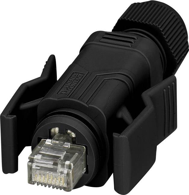 Ein schwarzer RJ45-Stecker mit Kabelschutz, verwendet zur Netzwerkverbindung.